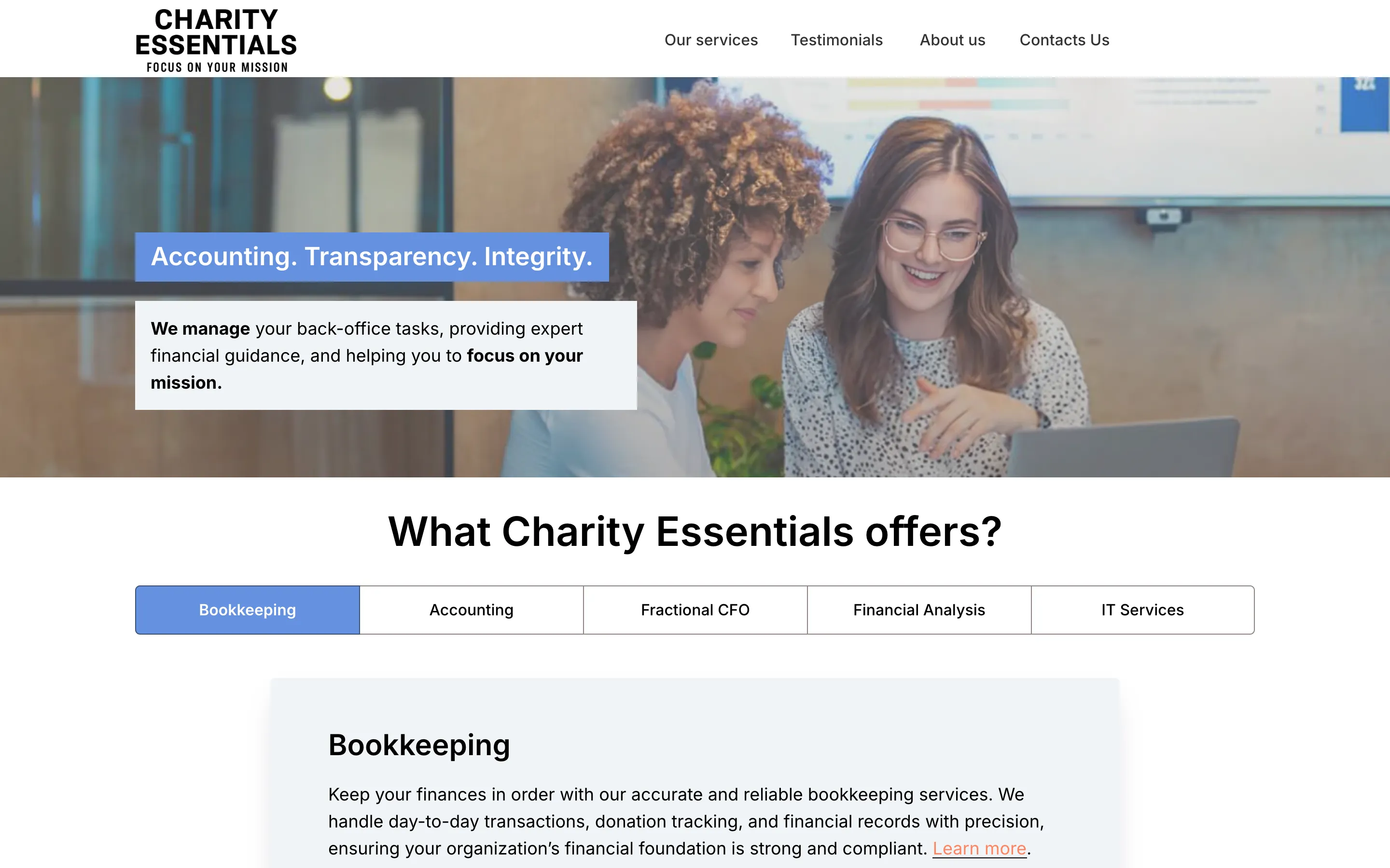 The 2024 Charity Essentials homepage: a full-width photo with a headline and one paragraph over it