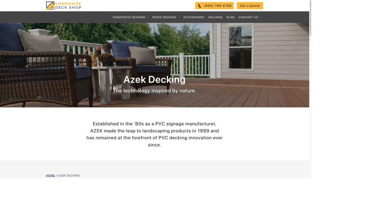 Old Azek brand page on the WordPress site