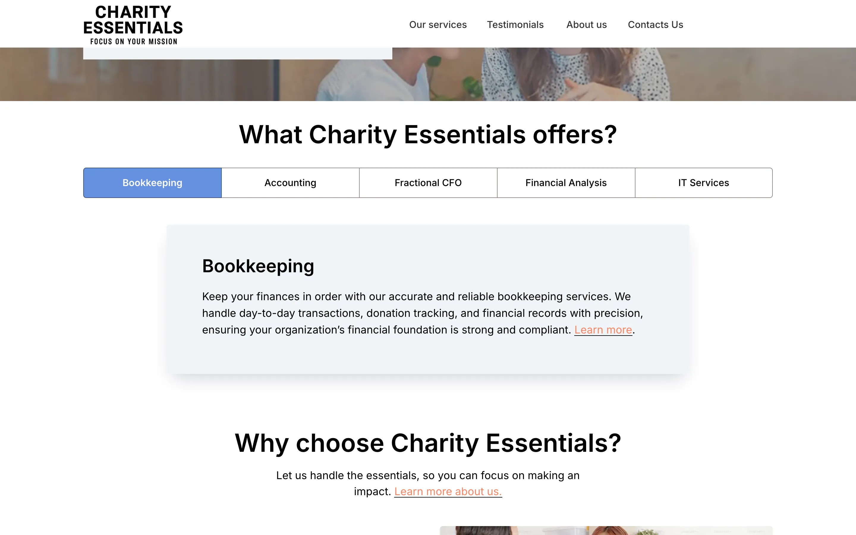 Old Charity Essentials services section with five tabs and one open description