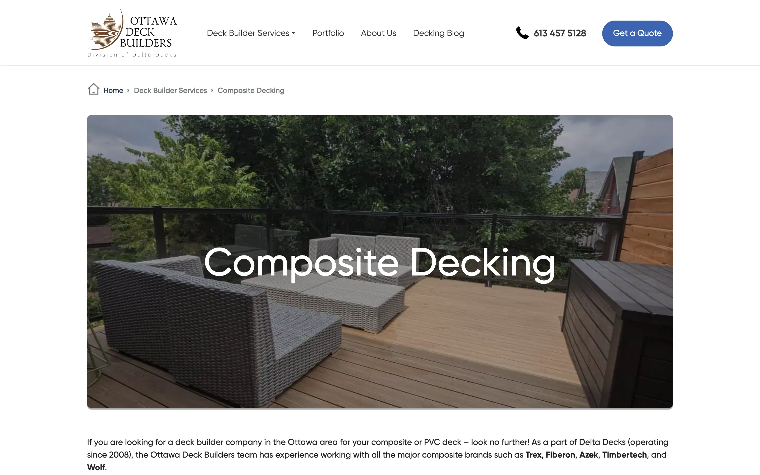 Old composite decking page: the page title set over a photo, followed by a paragraph of text