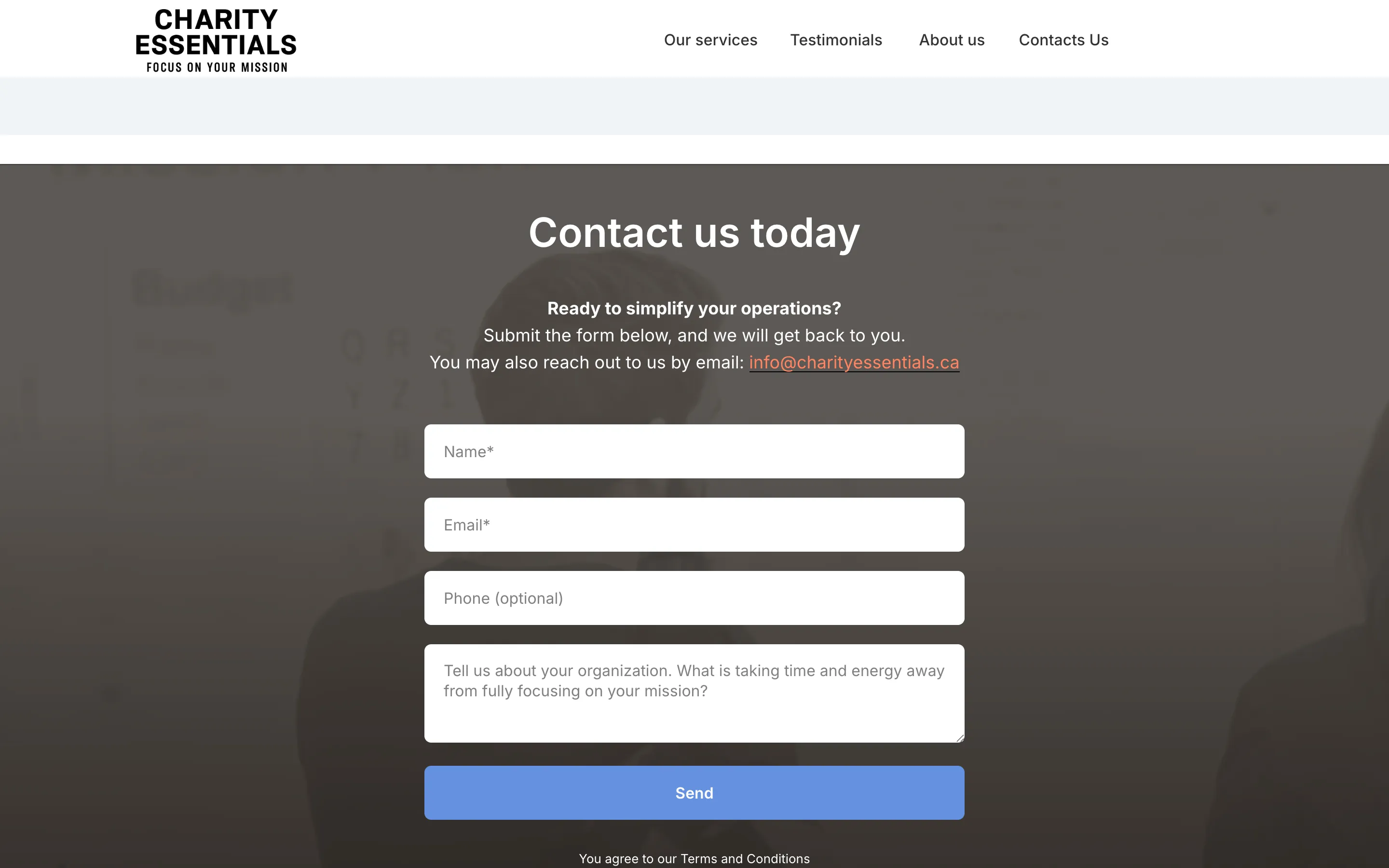 Old contact form with name, email, phone and a free-text message field over a dark photo