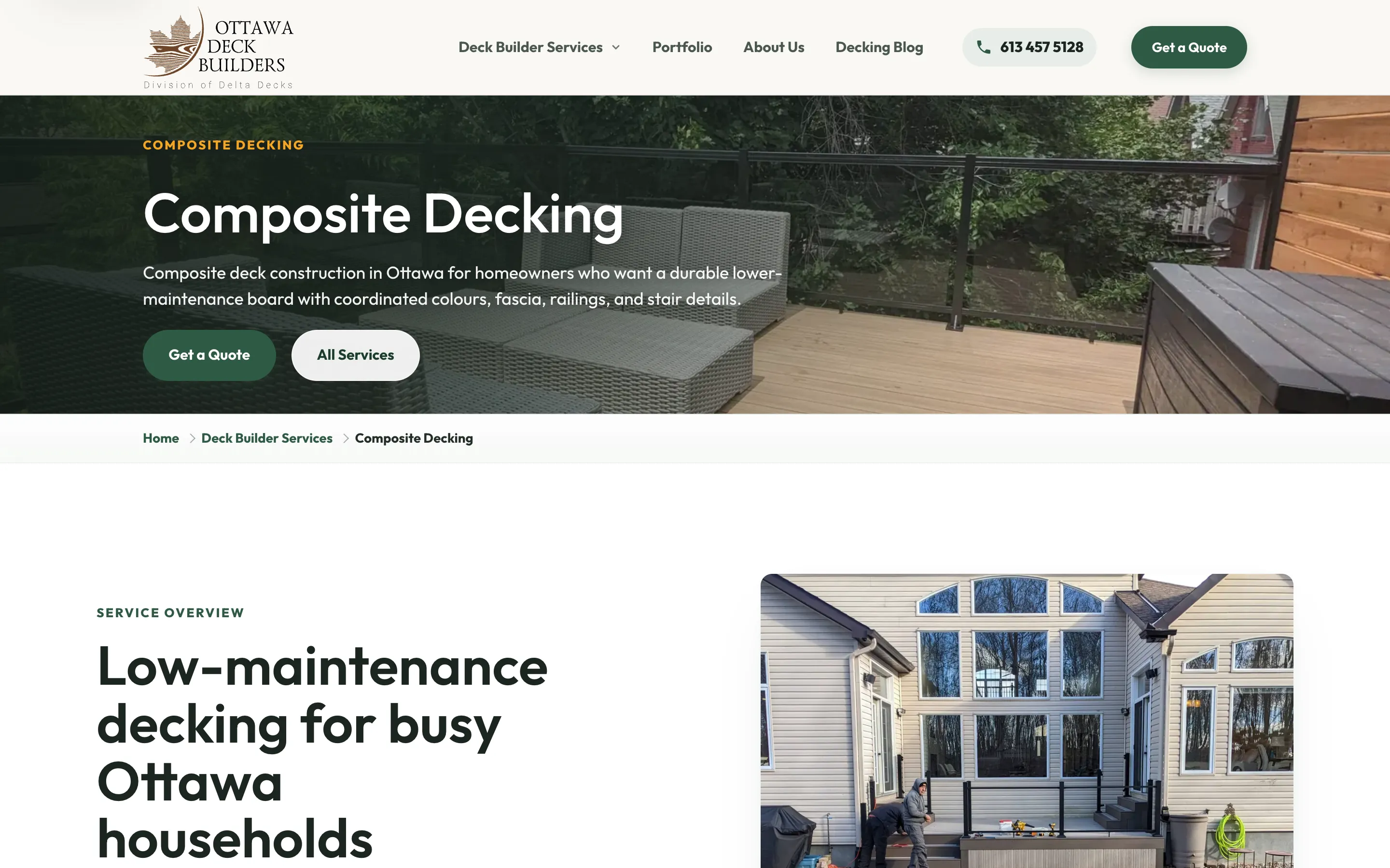 New composite decking page with an eyebrow, subheading, two buttons and a structured service overview