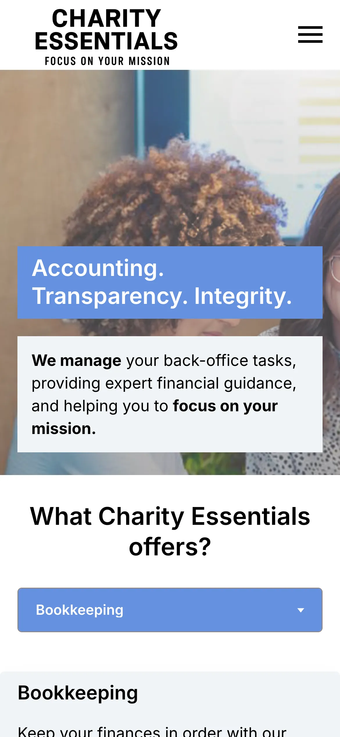 The 2024 Charity Essentials homepage on a phone