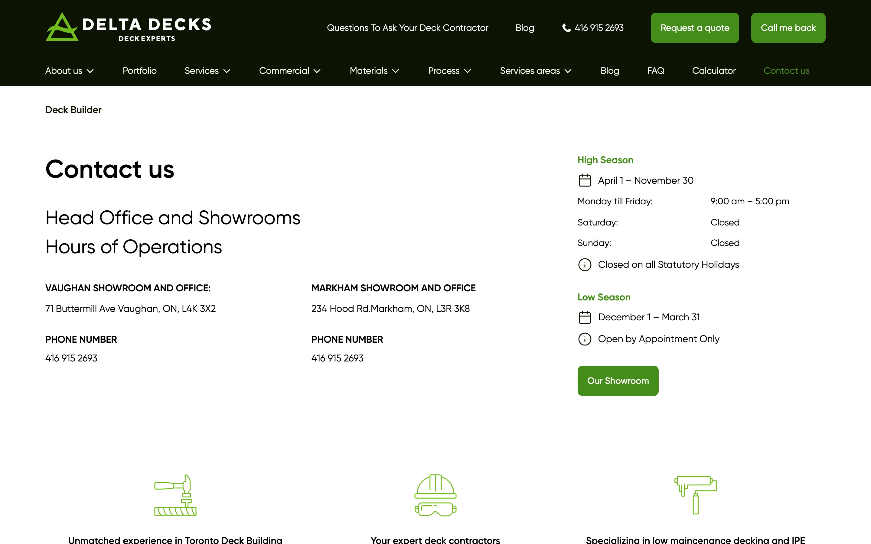 The old Contact us page: a heading, two showroom addresses and a table of seasonal opening hours, with no form on the first screen