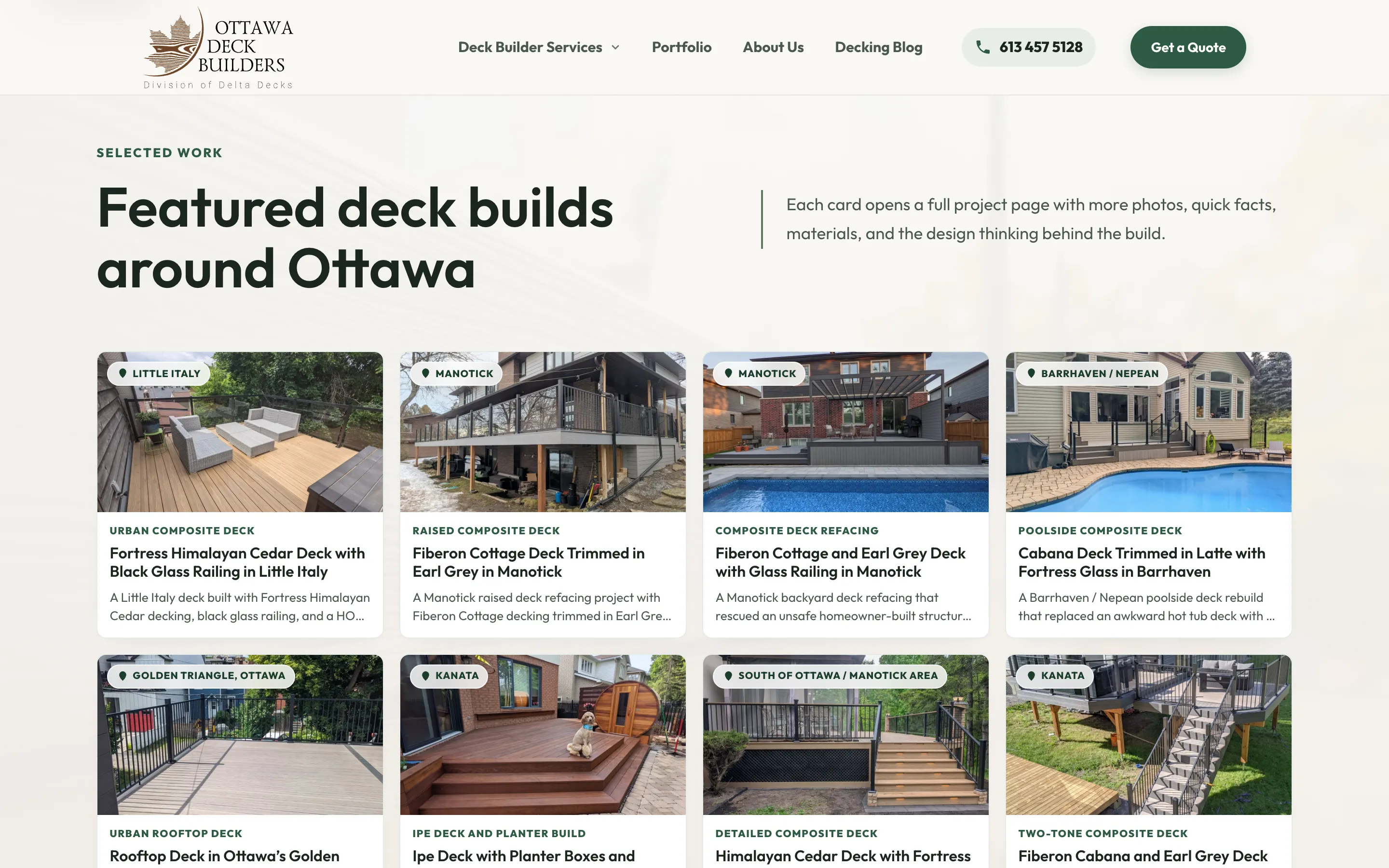 New portfolio grid: cards with a location pin, build type, descriptive title and summary line