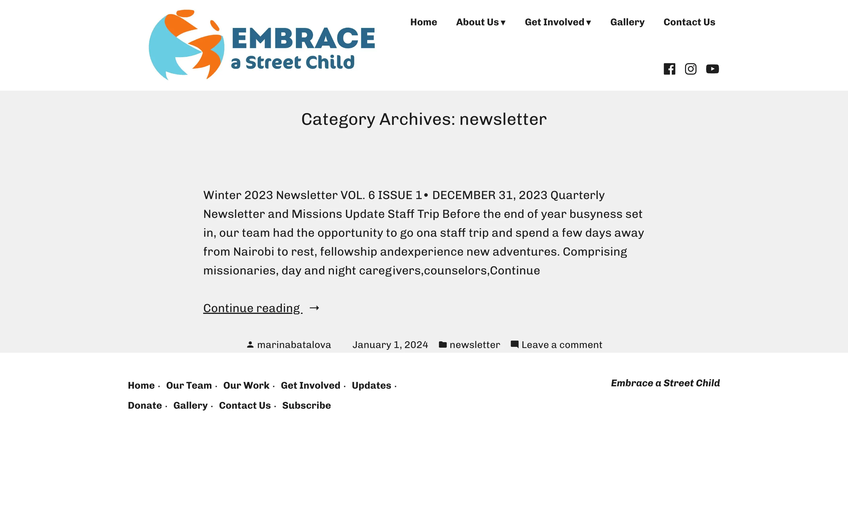 The old updates page: the heading “Category Archives: newsletter” above one post with an author byline and a Leave a comment link