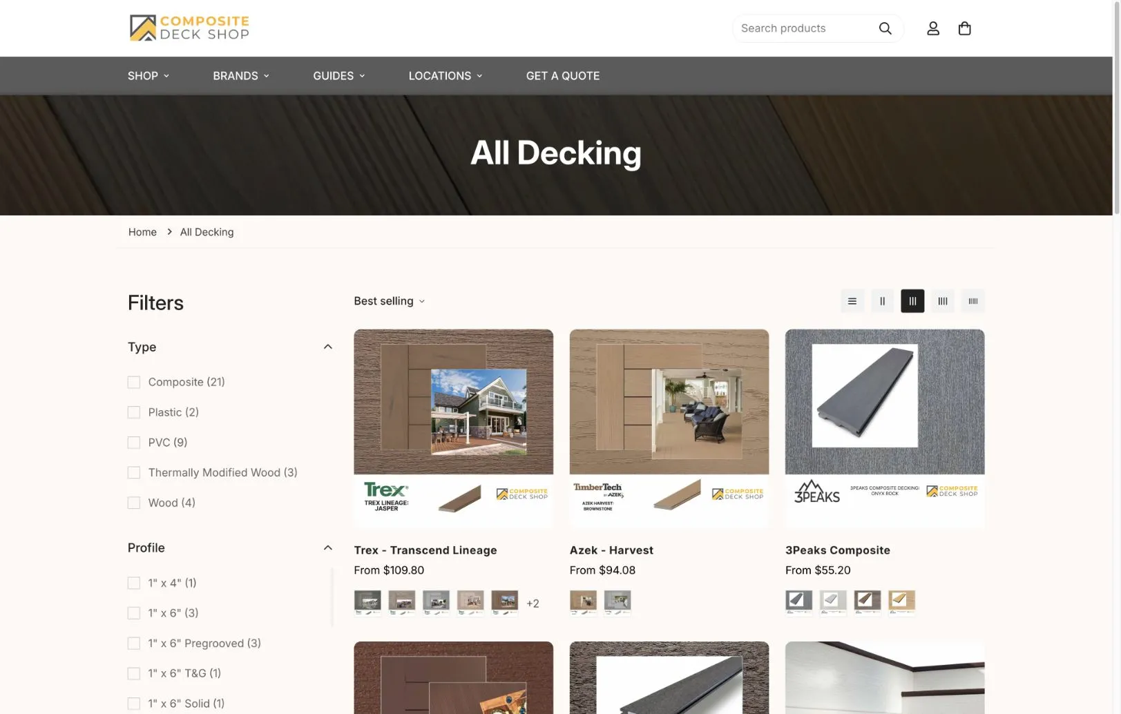 New All Decking collection page with filters, product cards and visible prices