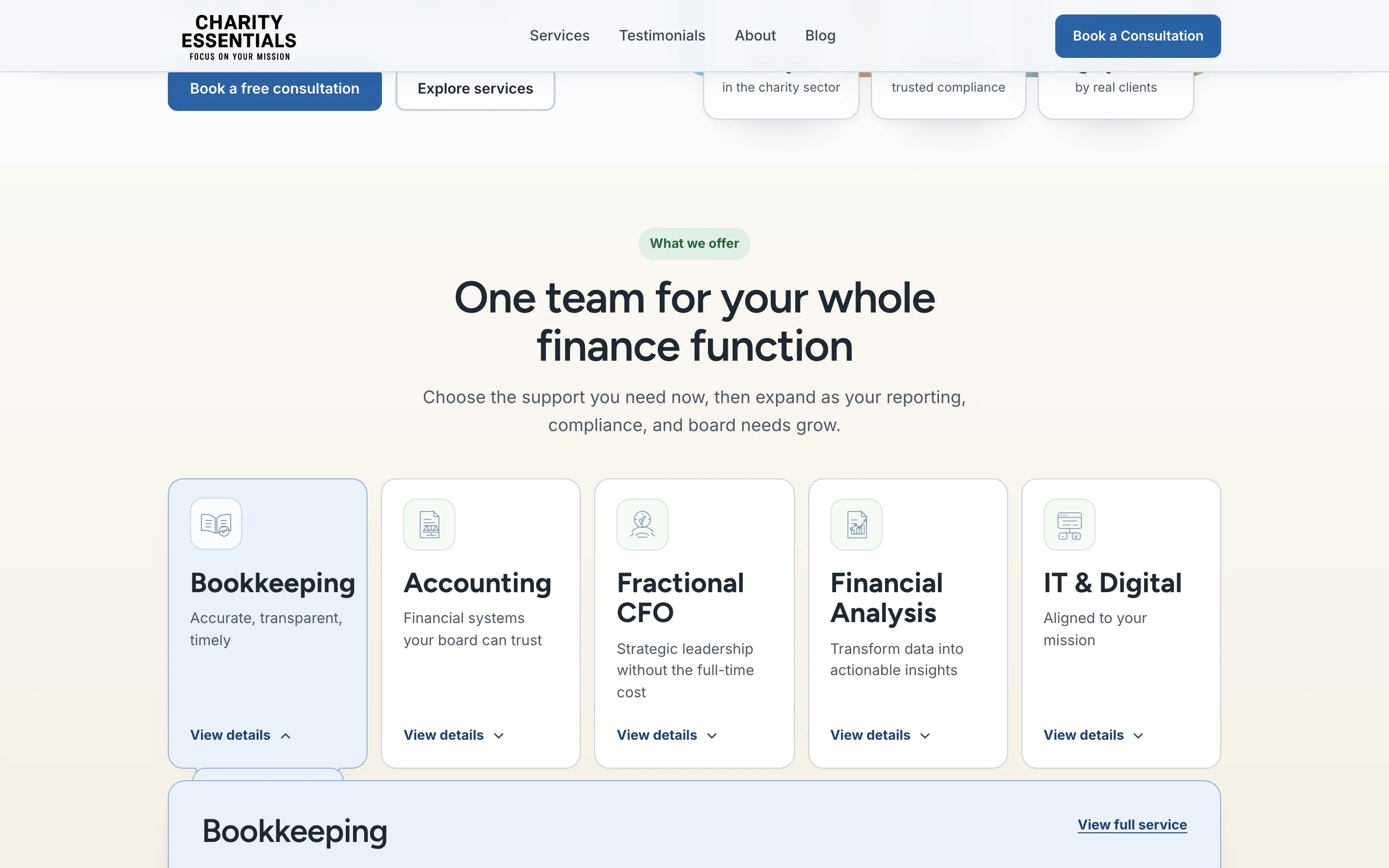 New services section with five cards and an expanded Bookkeeping panel listing what is included