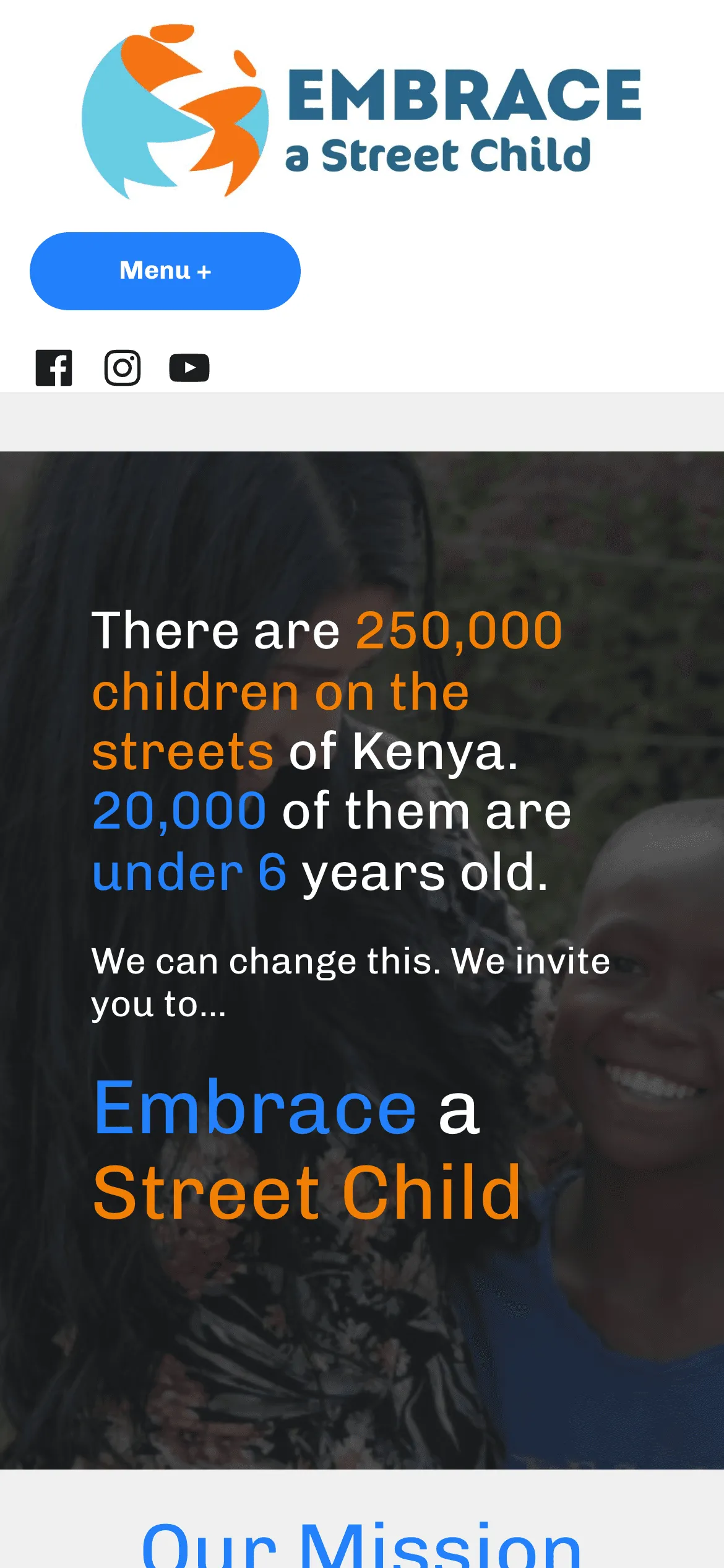 The old homepage on a phone: the logo at full width, a Menu button and social icons before any words about the ministry