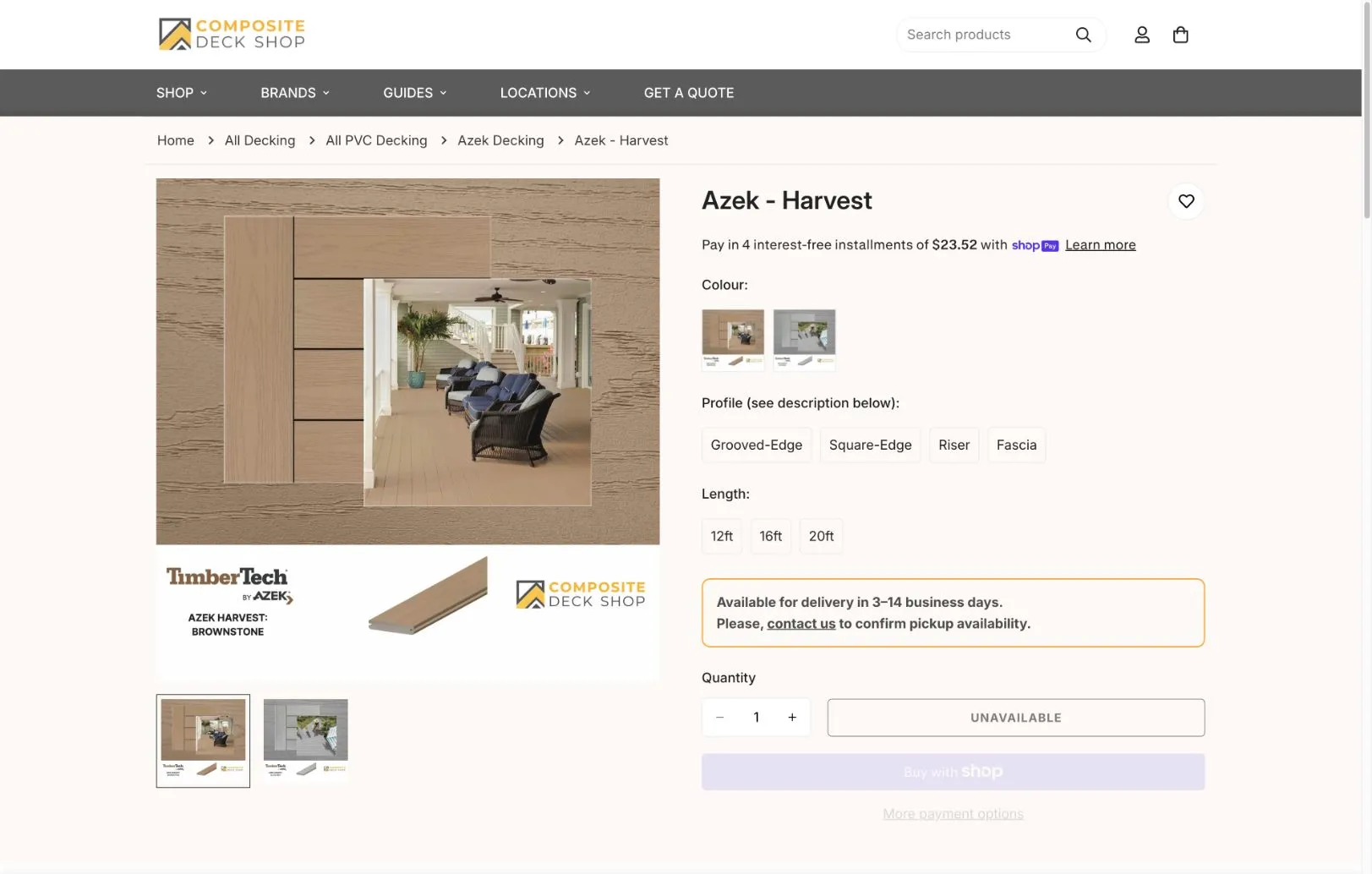 New product page for an Azek decking board with variants and price