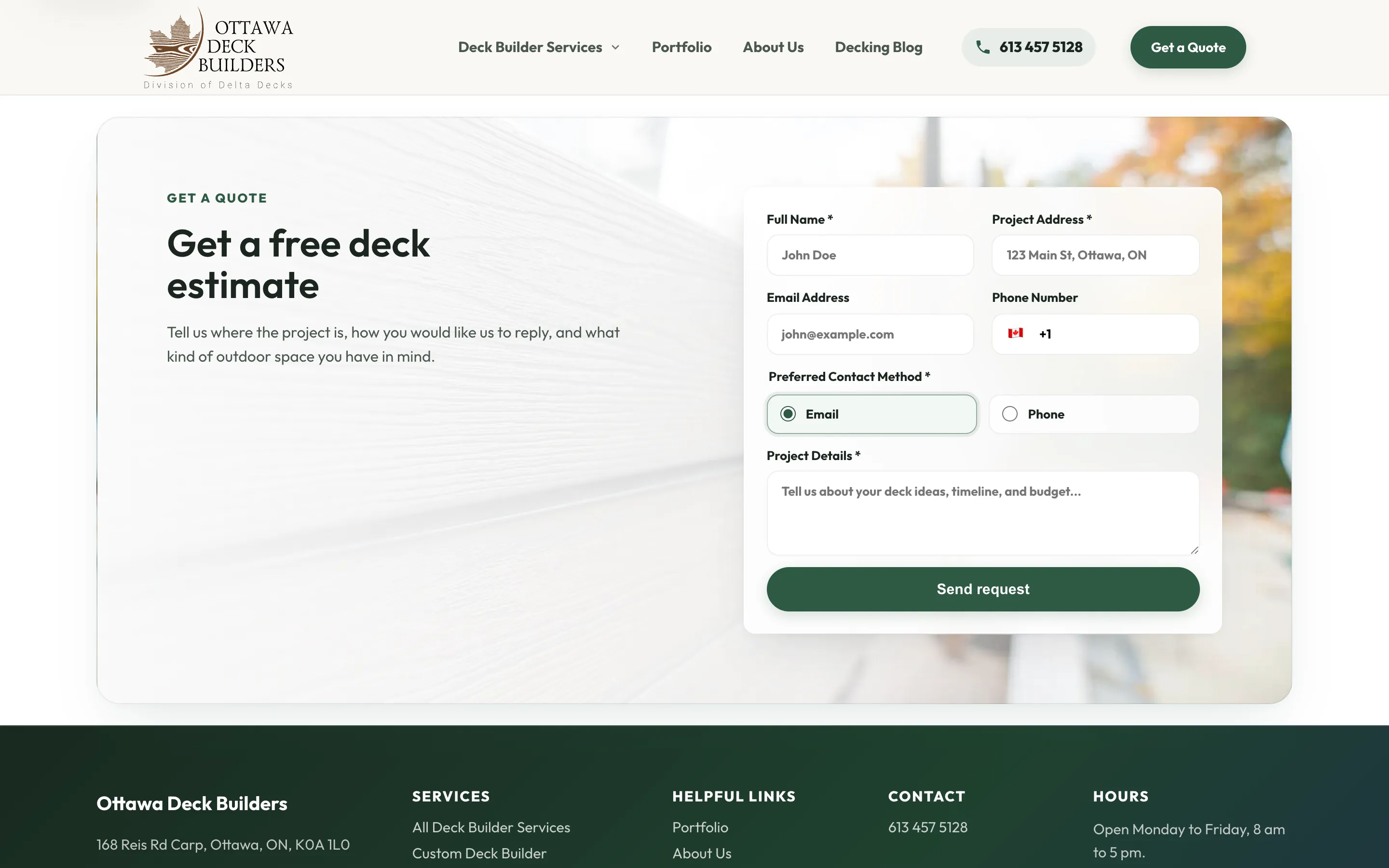 New dedicated quote page with project address, phone with country code, preferred contact method and project details