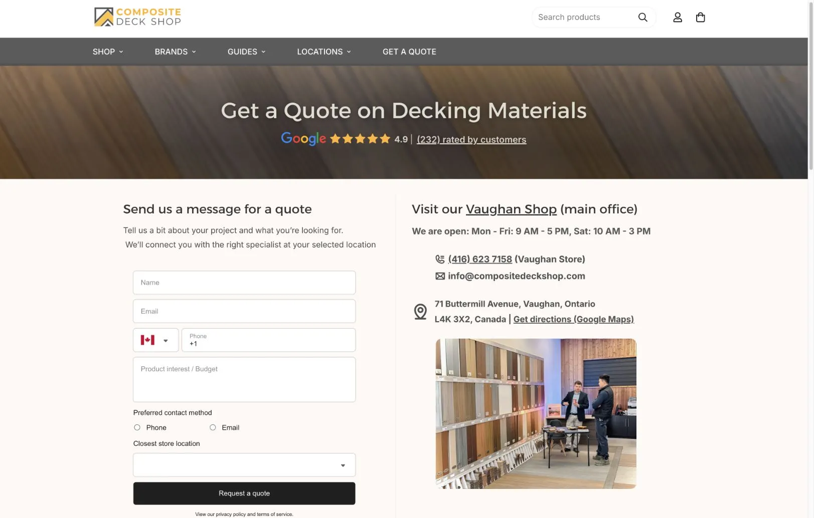 New quote form with project details, budget range, contact preference and store selection