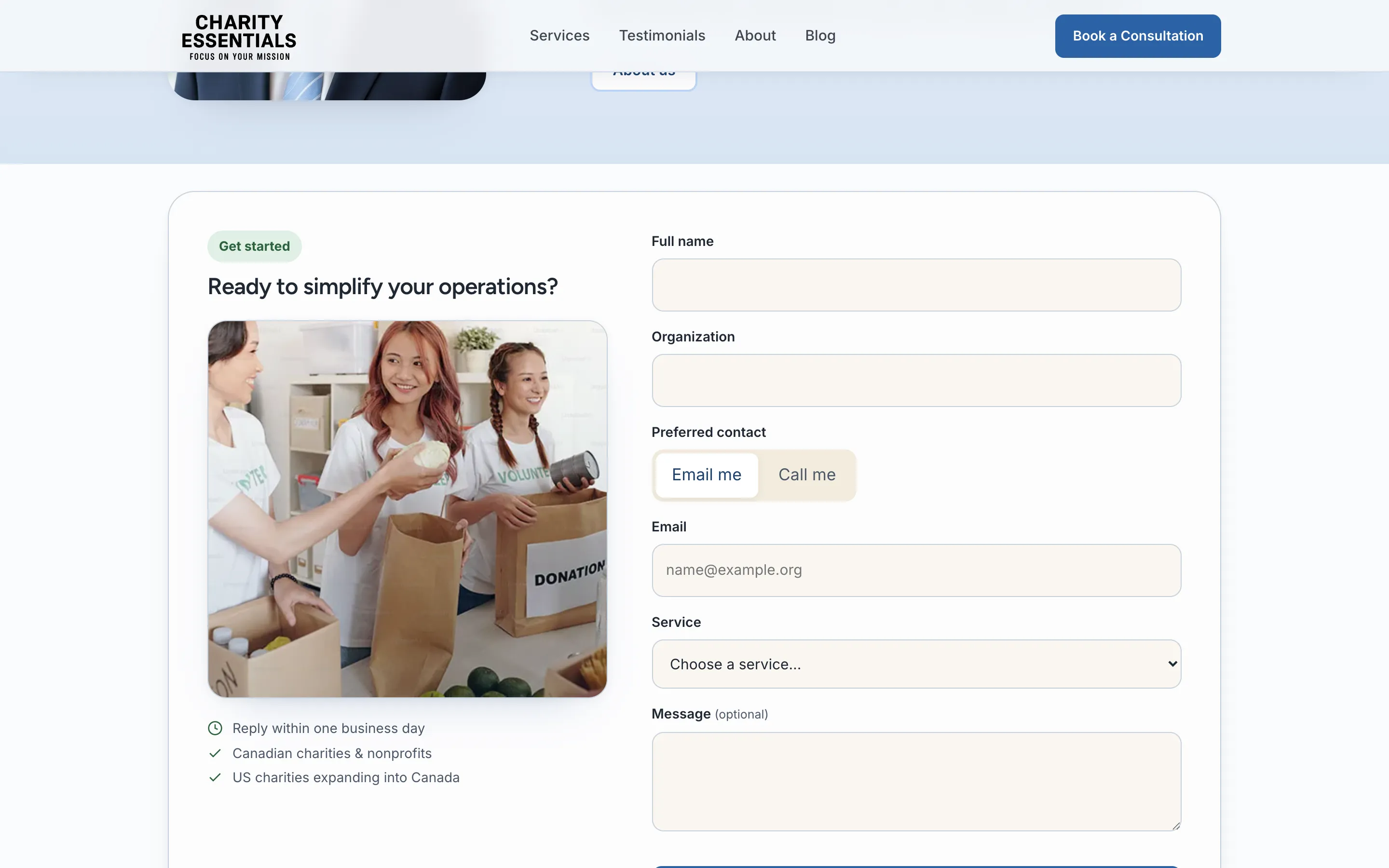 New contact form with organization, preferred contact toggle, service picker and reply-time promise