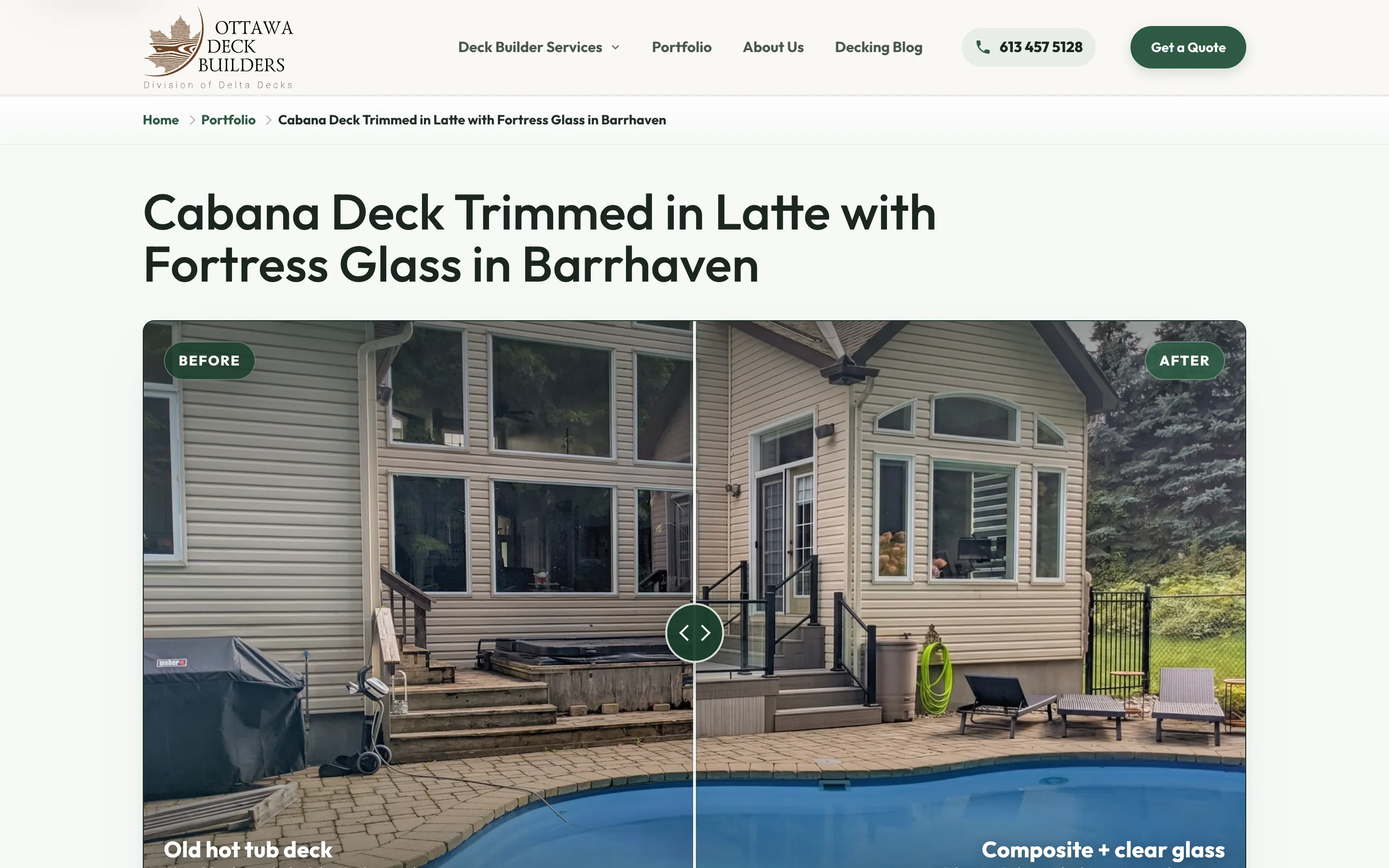 New project page with a draggable before and after slider labelled old hot tub deck and composite plus clear glass