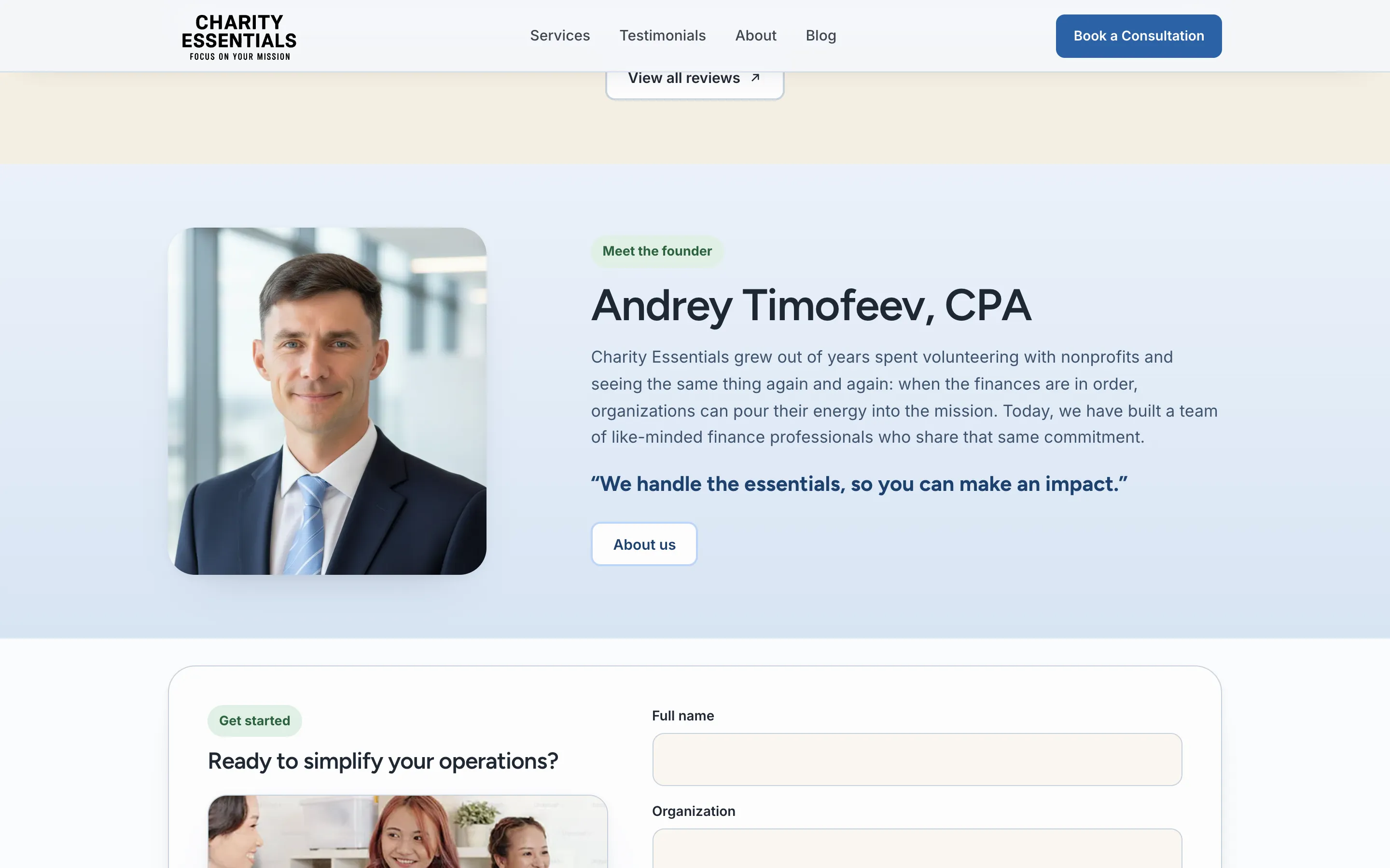 The founder section of the new Charity Essentials homepage