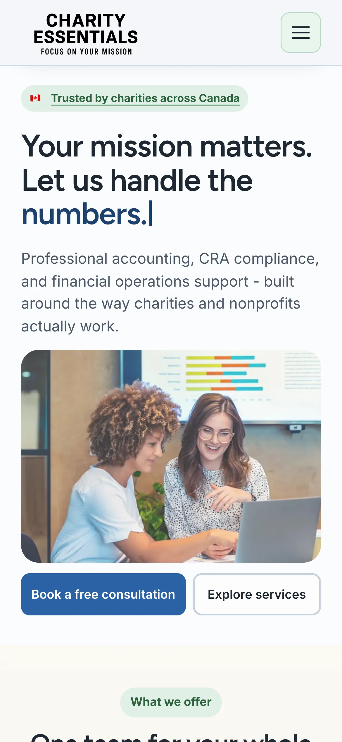 The 2026 Charity Essentials homepage on a phone