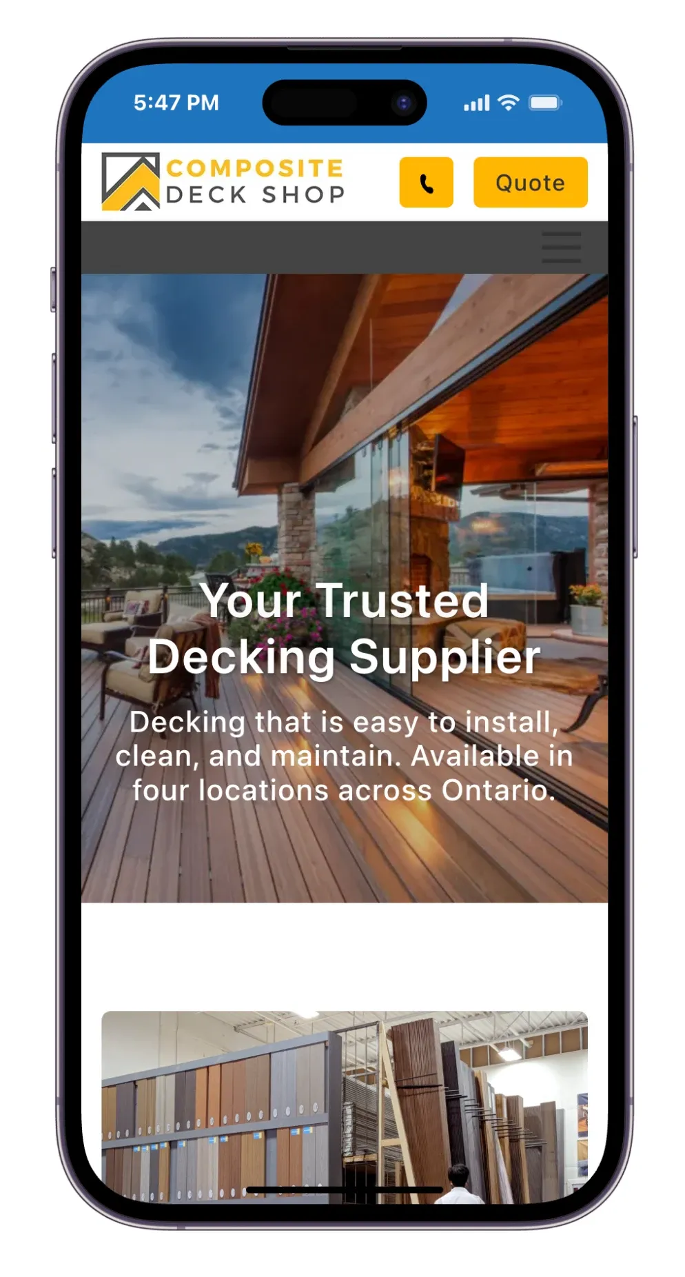 Old Composite Deck Shop homepage on a mobile screen