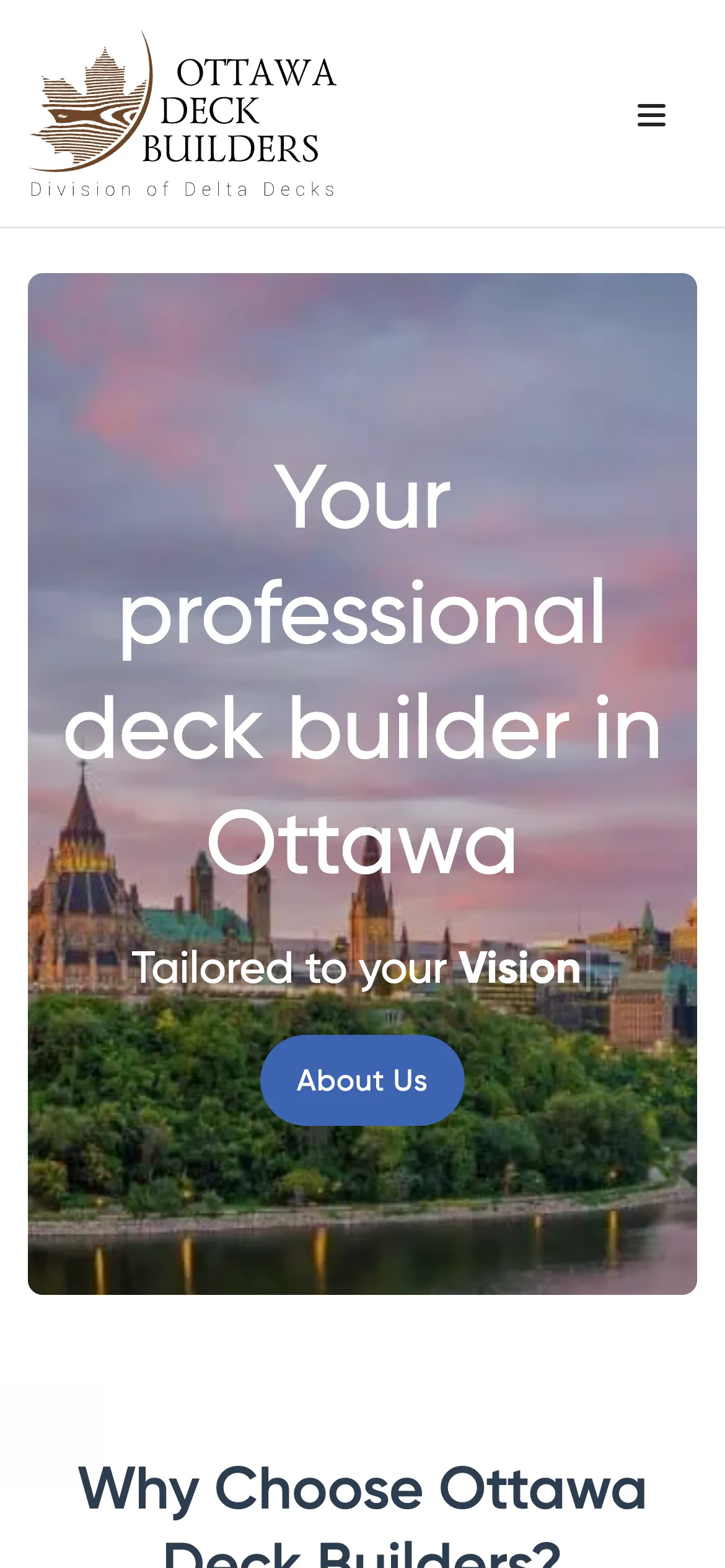 Old Ottawa Deck Builders homepage on a phone screen