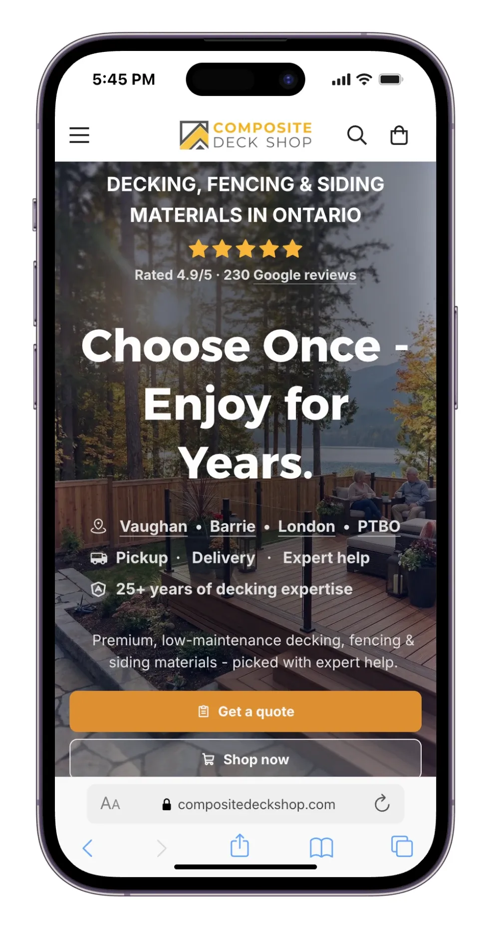 New Composite Deck Shop homepage on a mobile screen