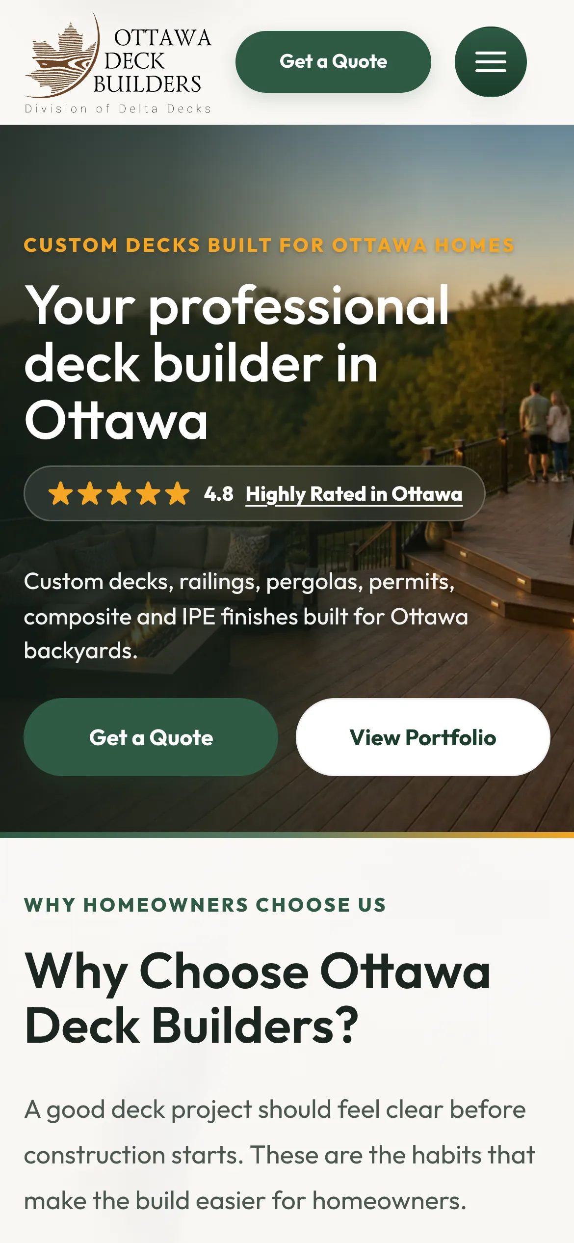 New Ottawa Deck Builders homepage on a phone screen