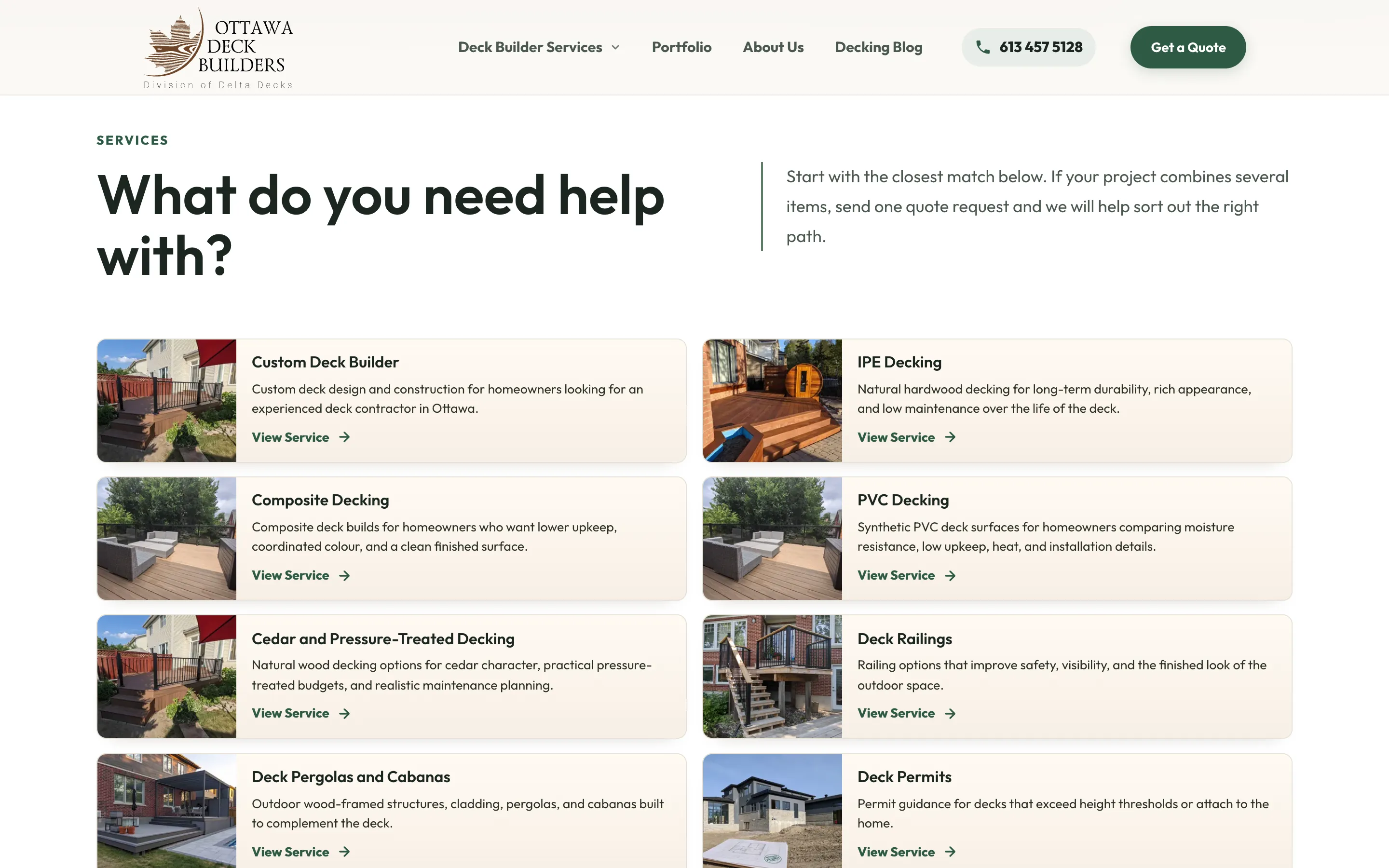 New homepage service chooser with eight service cards, each with a photo and a description