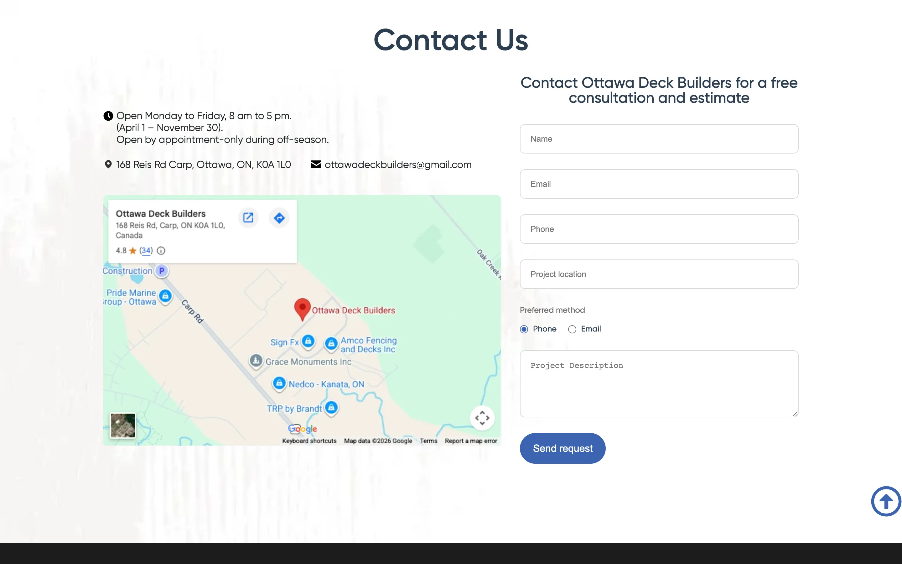Old contact block at the foot of the homepage: a map beside a plain five-field form