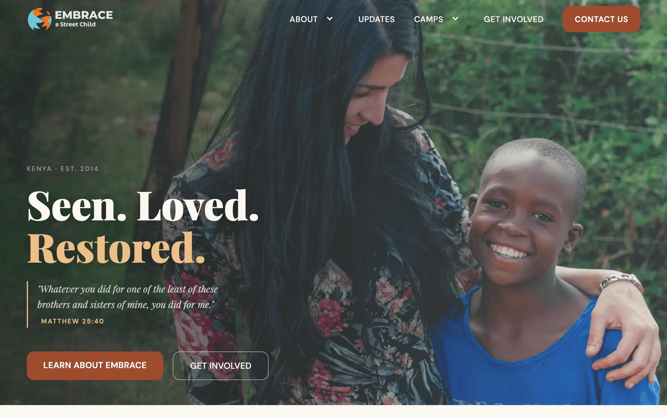 The rebuilt Embrace a Street Child homepage