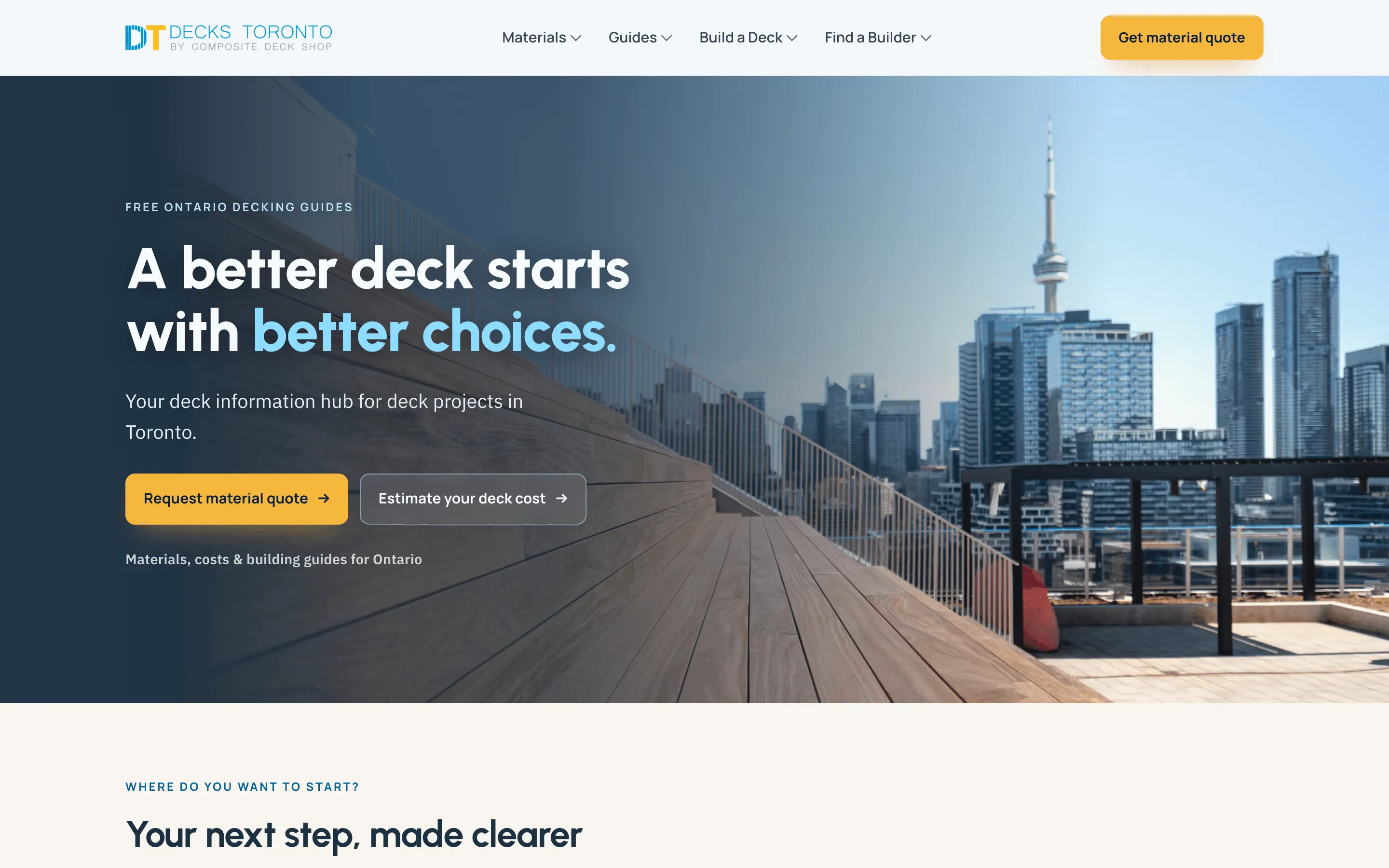 The rebuilt DecksToronto homepage with material guides and deck planning tools