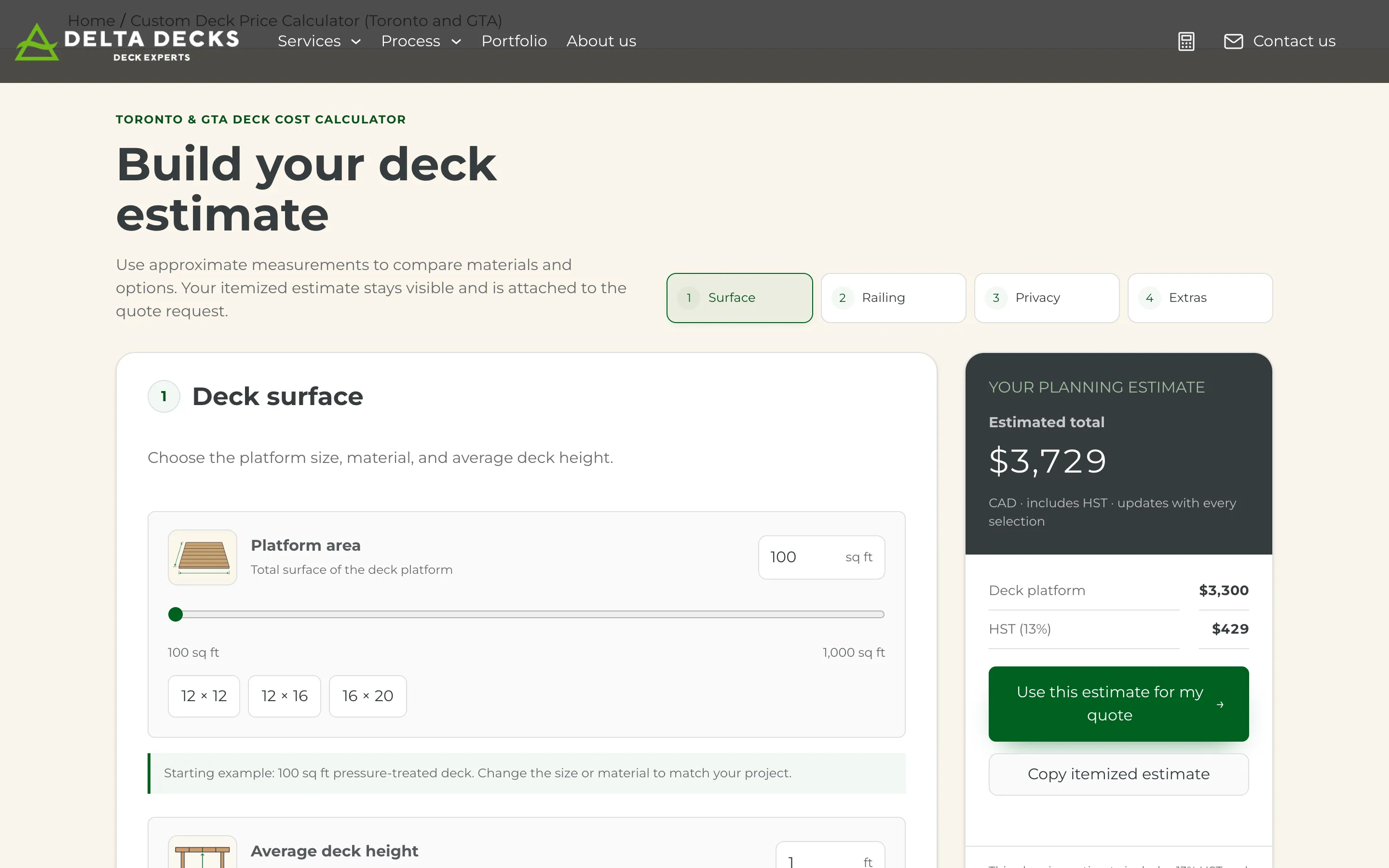 The deck price calculator: a four-step wizard with a running itemised estimate
