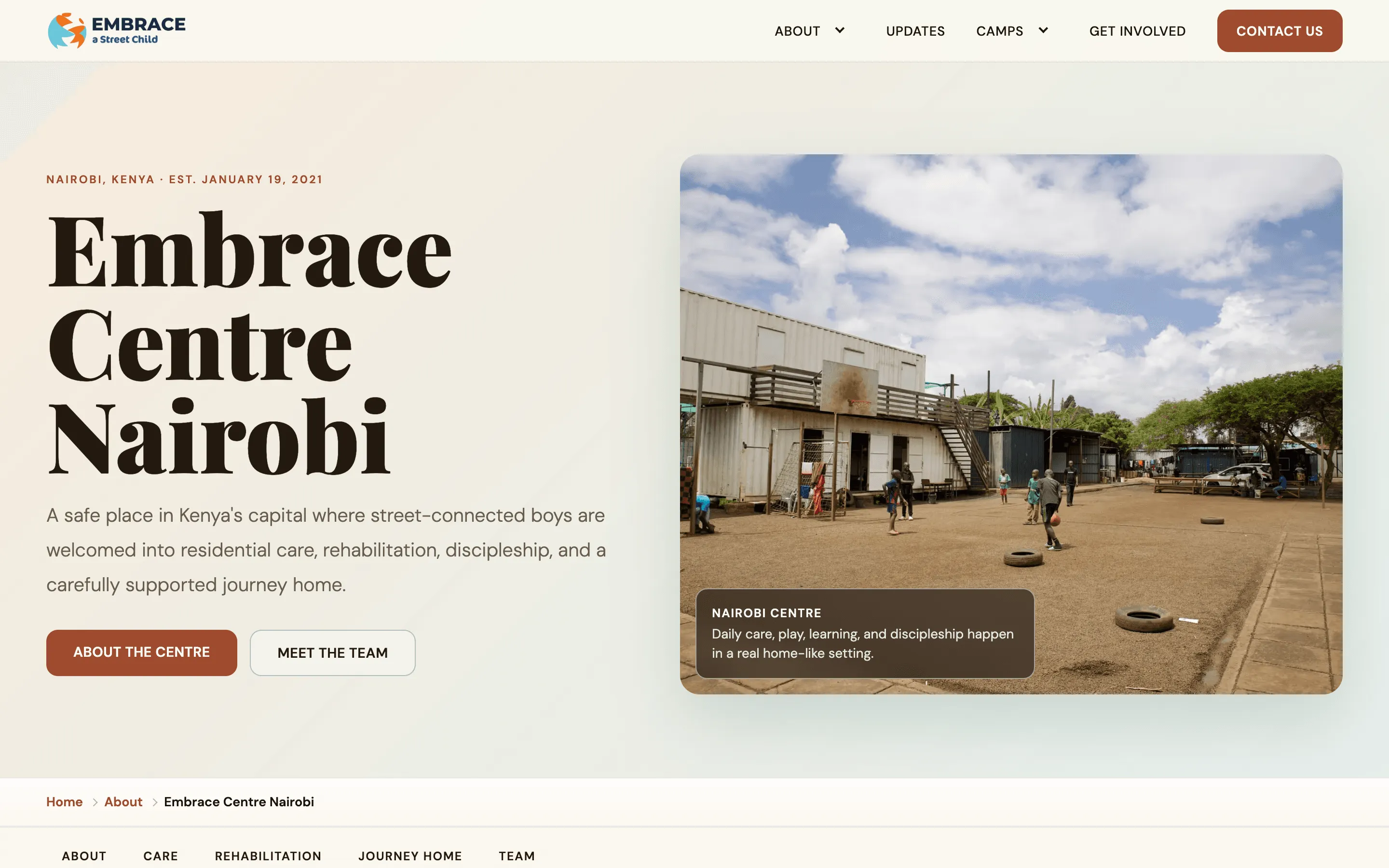 The new page for the Nairobi centre, showing daily care and family reintegration