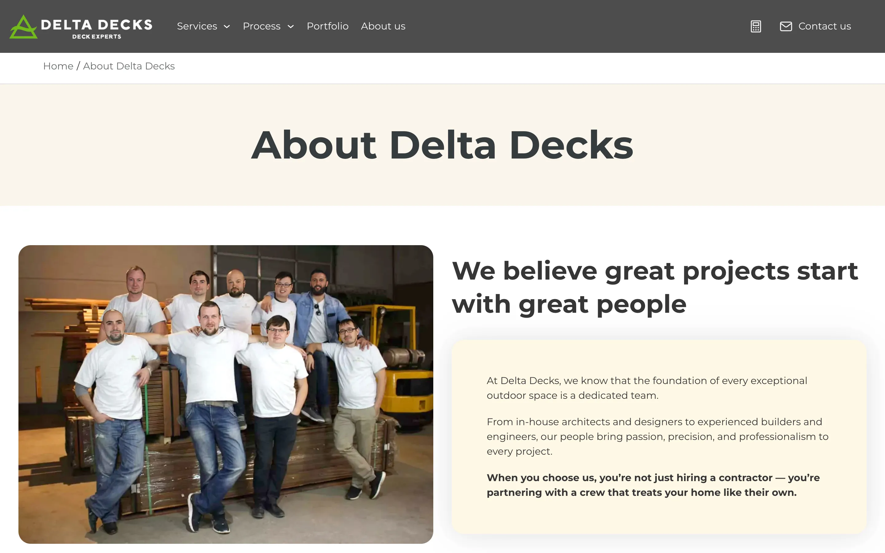 The new About Delta Decks page: the company’s story since 2005 as a milestone timeline, beside its in-house engineers and architect