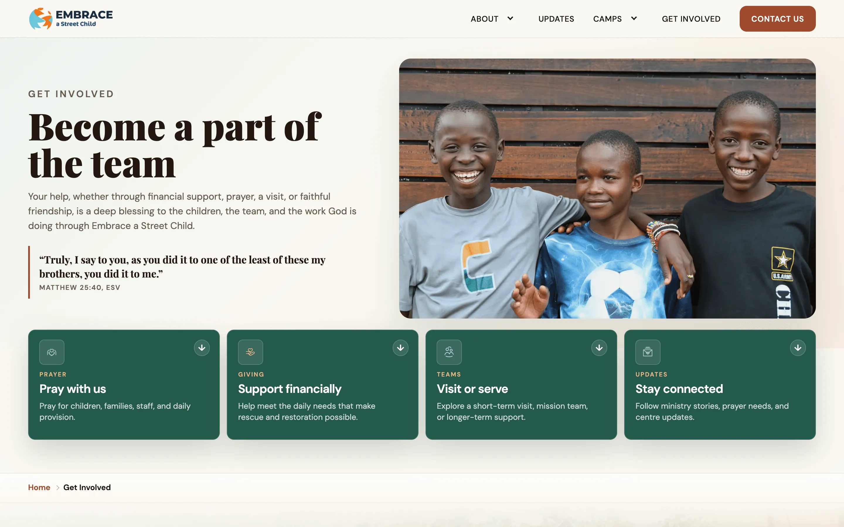 The new Get Involved page: cards for prayer, giving, visiting or serving, and staying connected, above an explanation of how each one helps