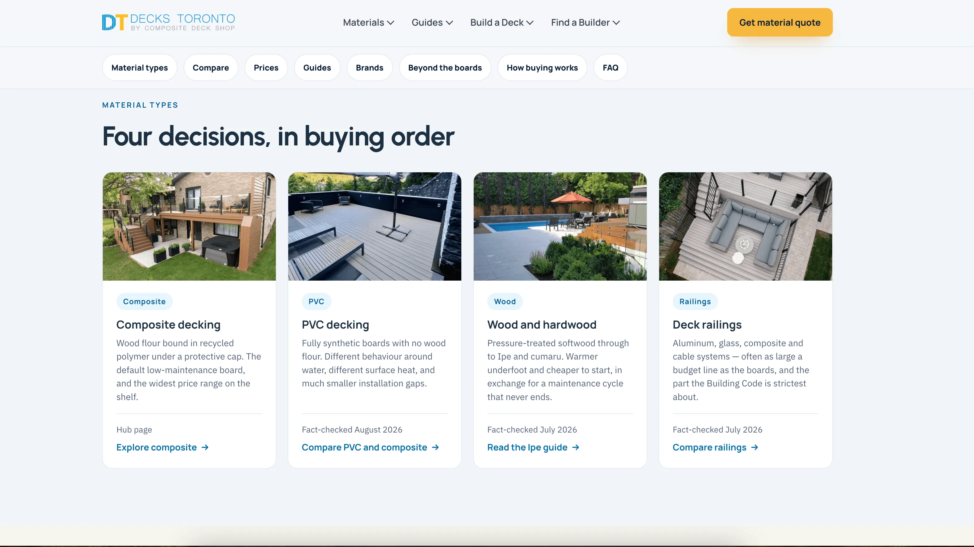Four photo-led cards introducing composite decking, PVC decking, wood and hardwood, and deck railings