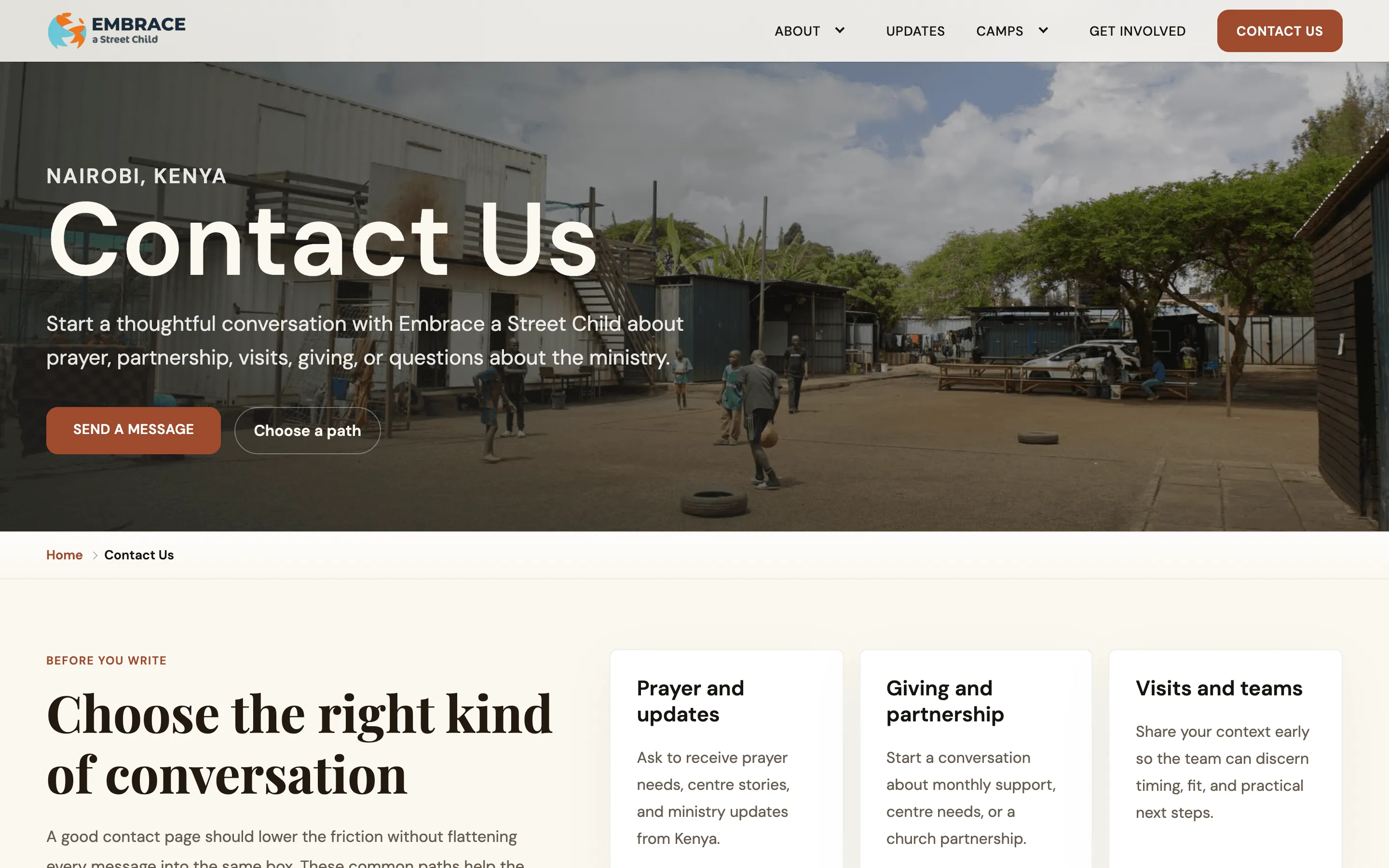 The new Contact Us page: three suggested kinds of conversation - prayer, giving and partnership, visits and teams - above the message form