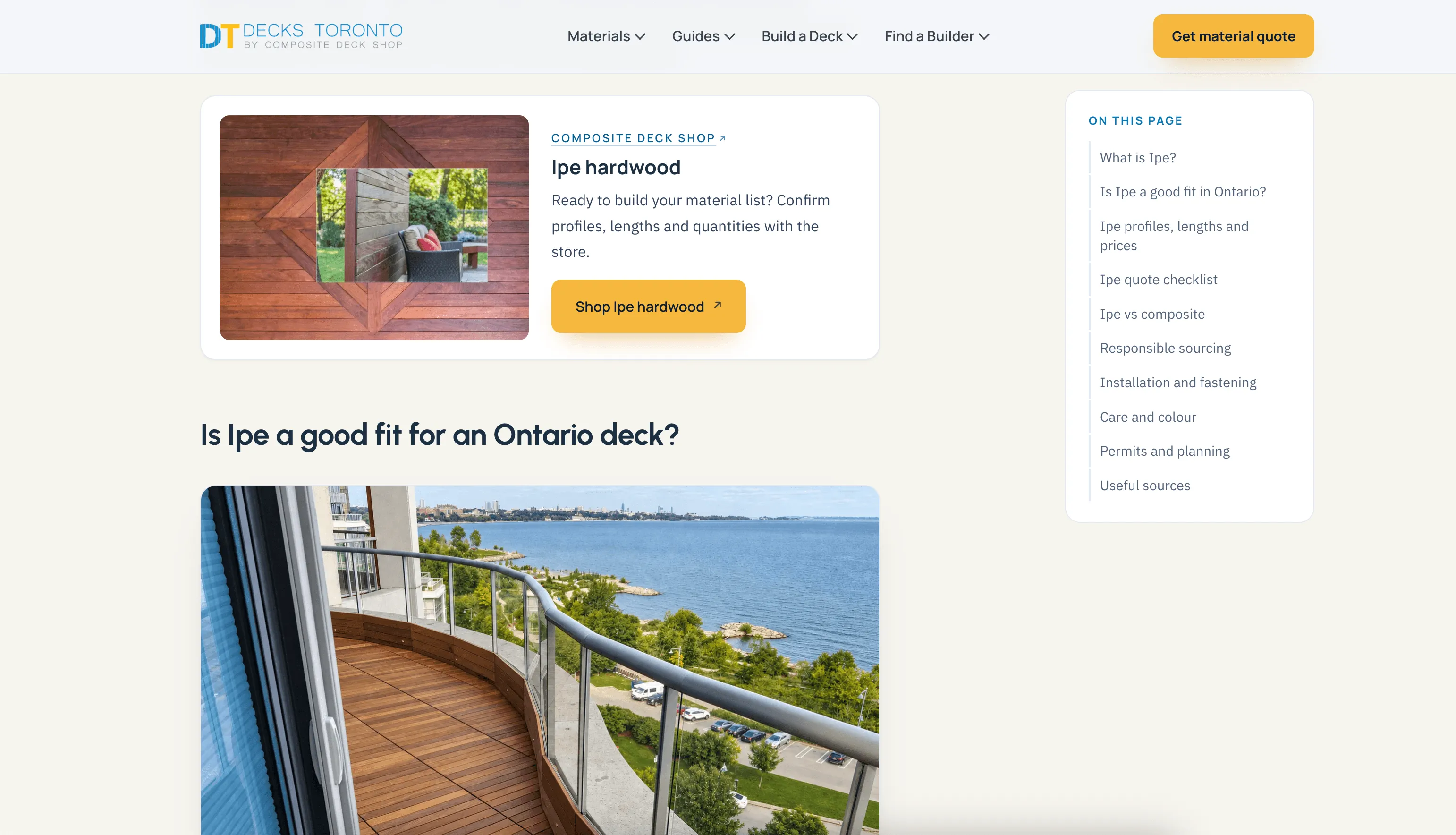 Ipe decking guide with a hardwood shop card, article contents and a large photograph of an Ipe balcony overlooking the waterfront