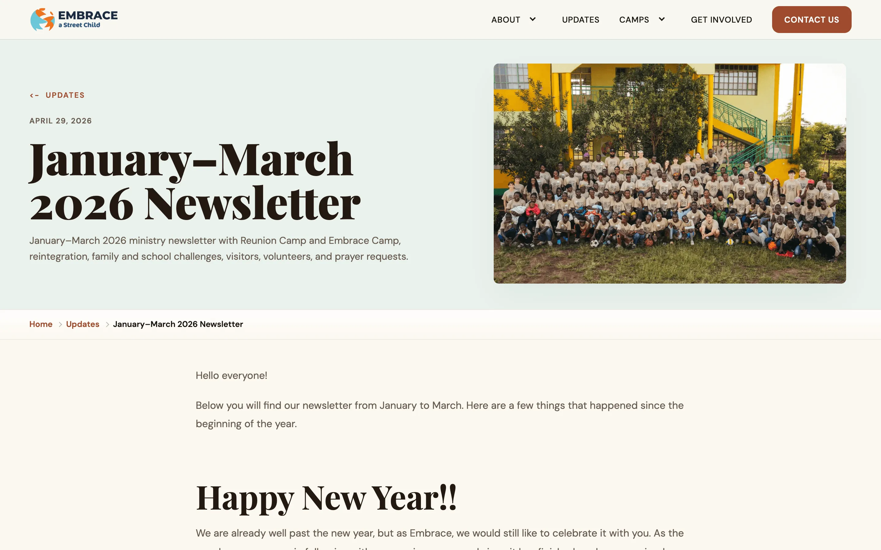 A quarterly newsletter rendered as a proper page, with a cover image, date and headings