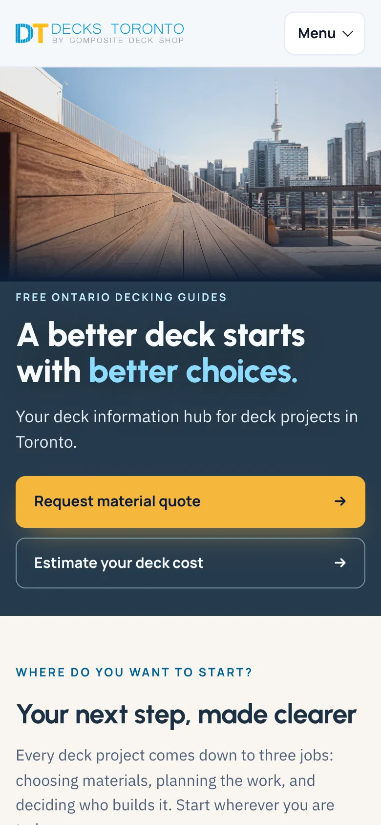 DecksToronto on a phone, with the rooftop photograph and material quote and deck estimate actions