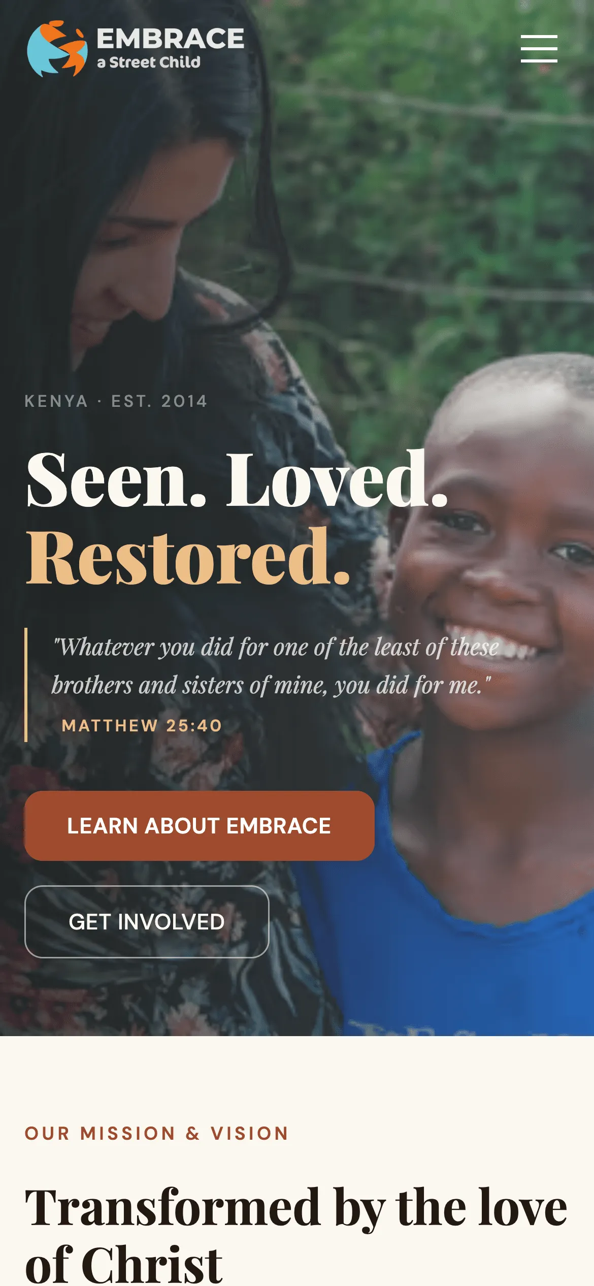The new Embrace a Street Child homepage on a phone
