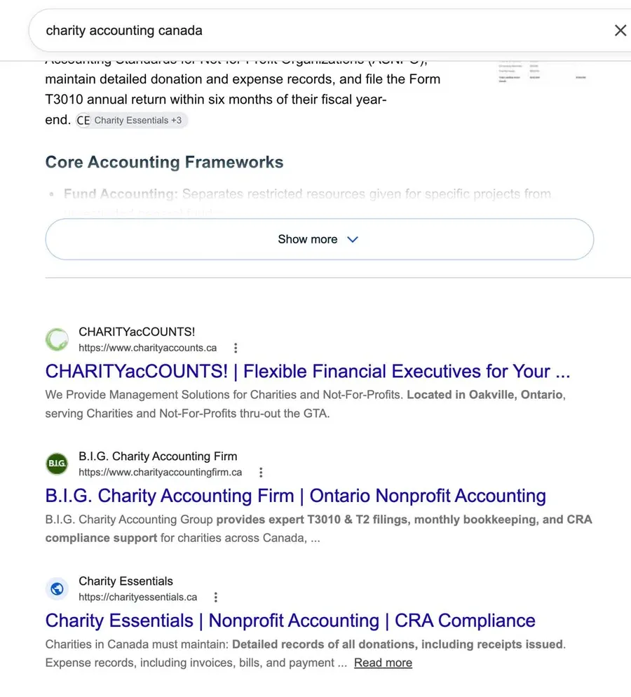 Google results for “charity accounting canada”: Charity Essentials is the third organic result, and is cited as a source in the AI overview above